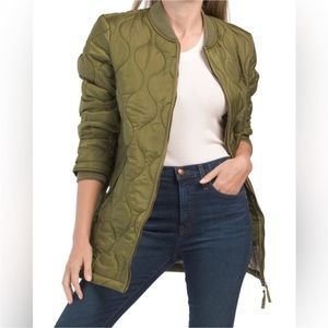 Anthro AVEC LES FILES Heritage Quilted Longline Bomber Coat Olive